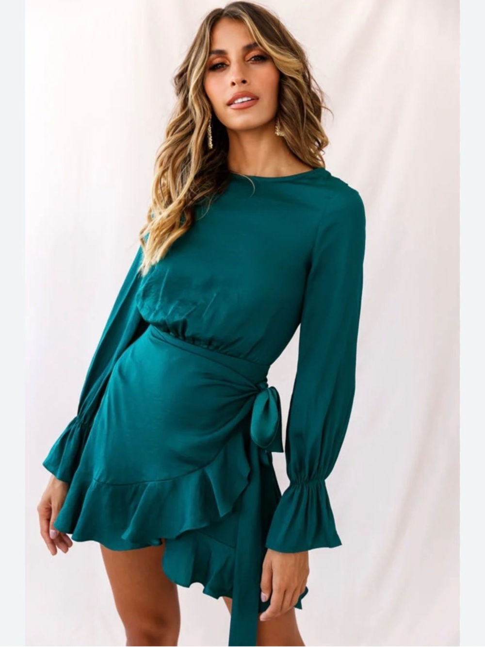 Hello Molly Teal Long-Sleeve Ruffle Wrap Mini Dress